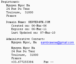 Server4vn.com Whois Record from 10-13-2010