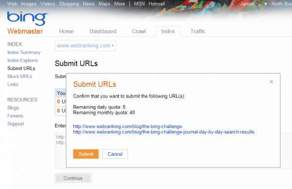 Bing Webmaster Tools Submit URLs
