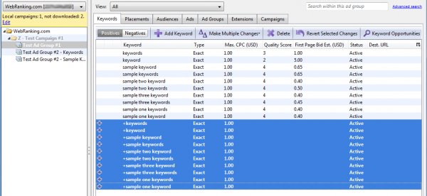 Google AdWords Editor: Completed Keyword Copy and Text Appended