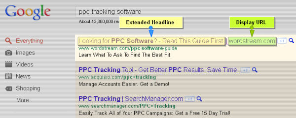 Google AdWords Extended Text Ad Headlines with Display URL Domain Names - PPC Tracking Software