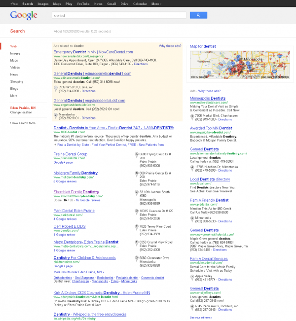 Google SERP with AdWords PPC Ads Containing Location Ad Extensions