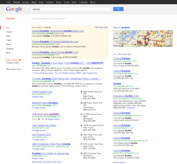 Original Google SERP without AdWords Pay Per Click Ads Containing Location Ad Extensions