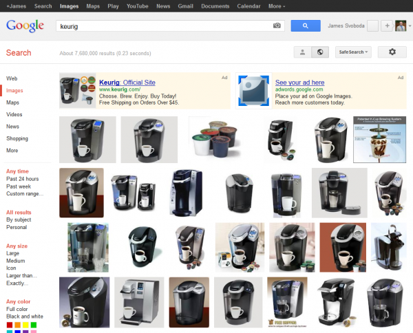 Google Image Search: Keurig SERP with AdWords Product Listing Ads Only