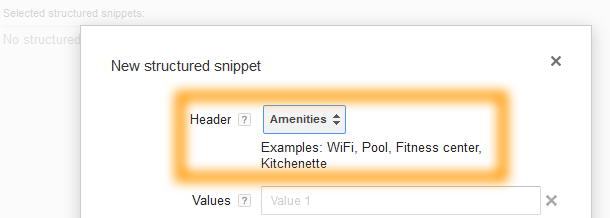 Google AdWords Ad Extension Structured Snippets Header Amenities