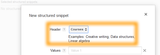 Google AdWords Ad Extension Structured Snippets - Header - Courses