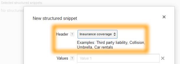 Google AdWords Ad Extension Structured Snippets Header Insurance Coverage