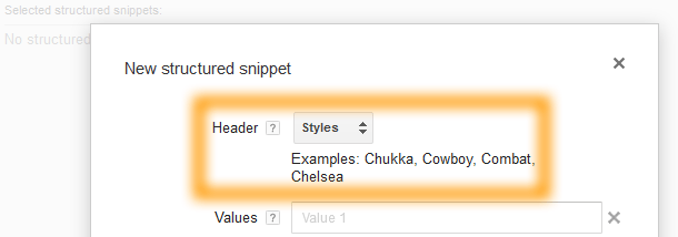 Google AdWords Ad Extension Structured Snippets Header Styles