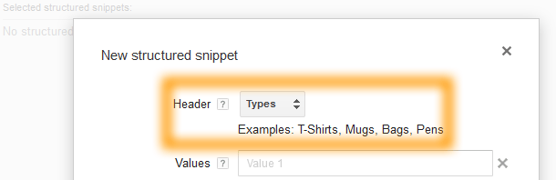 Google AdWords Ad Extension Structured Snippets Header Types
