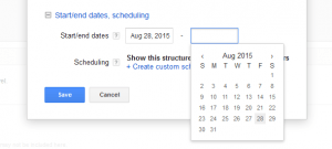 Google AdWords Ad Extension Structured Snippets Start and End Dates calendar options