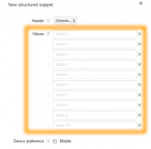 Google AdWords Ad Extension Structured Snippets with Values 10
