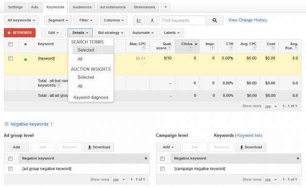 Original Google AdWords Keywords Tab with Keywords and Negatives on one page with Search Term Dropdown