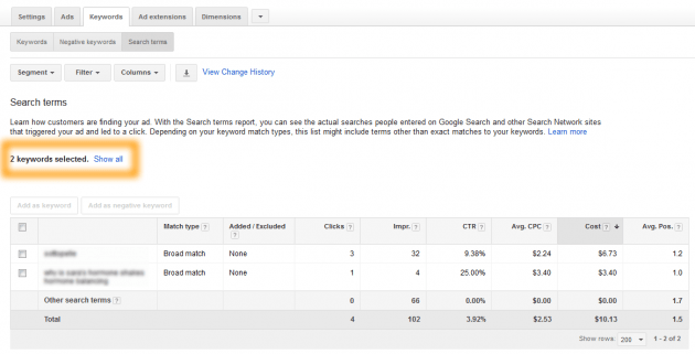 AdWords Keywords Tab Search Terms Report