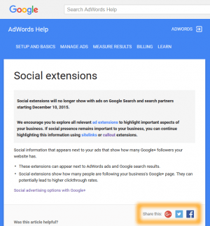 AdWords Social Extensions Help notice page