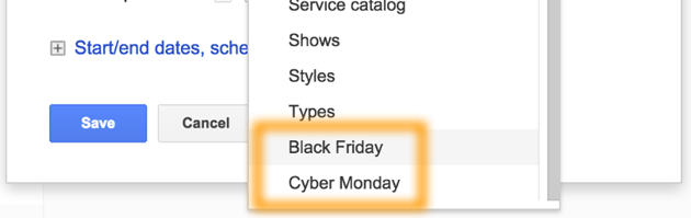 Google AdWords Ad Extension Structured Snippets Black Friday and Cyber Monday