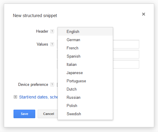 Google Structured Snippet Extension Header Language List